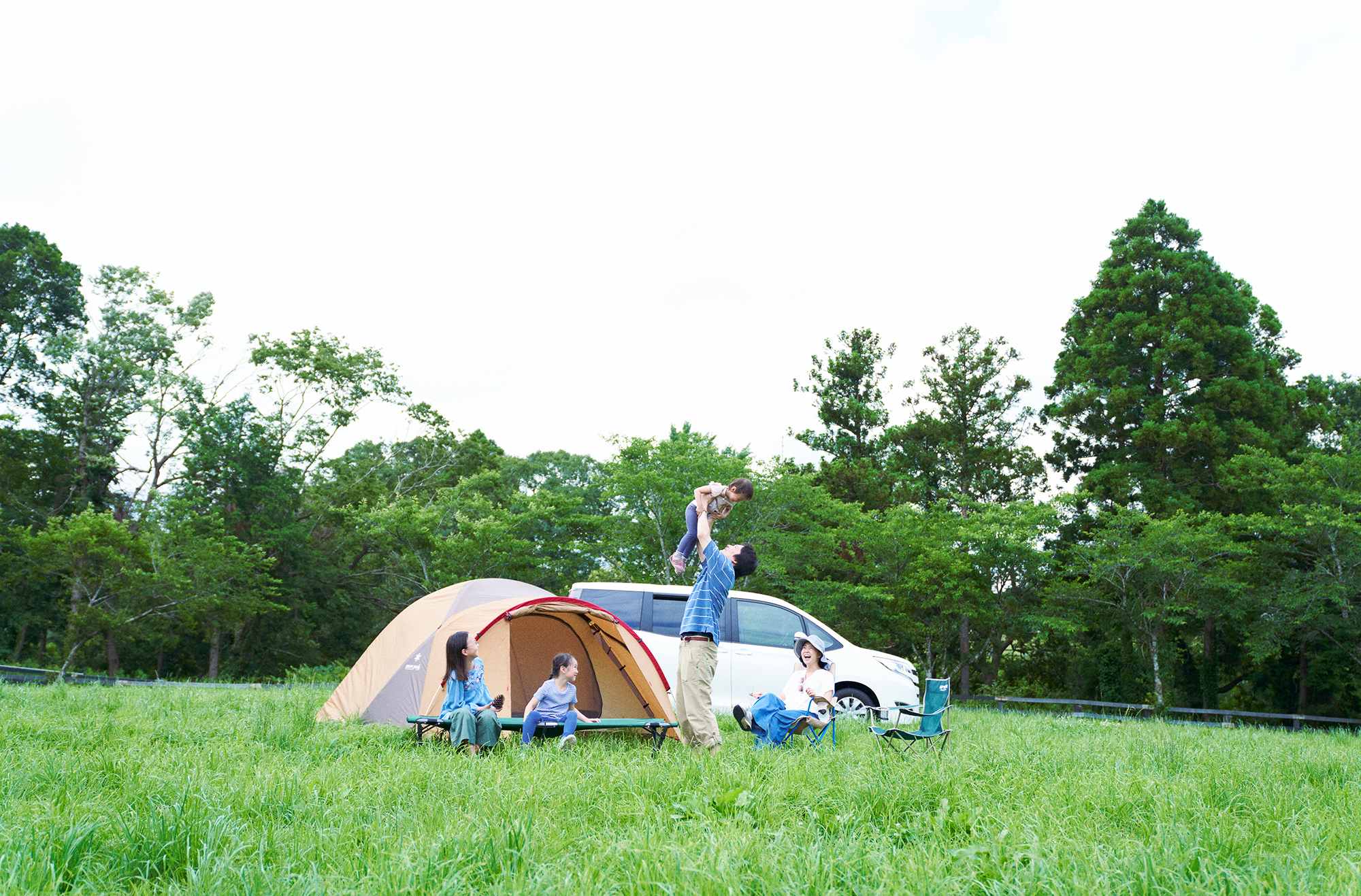 ひろびろとした牧草地でのキャンプ