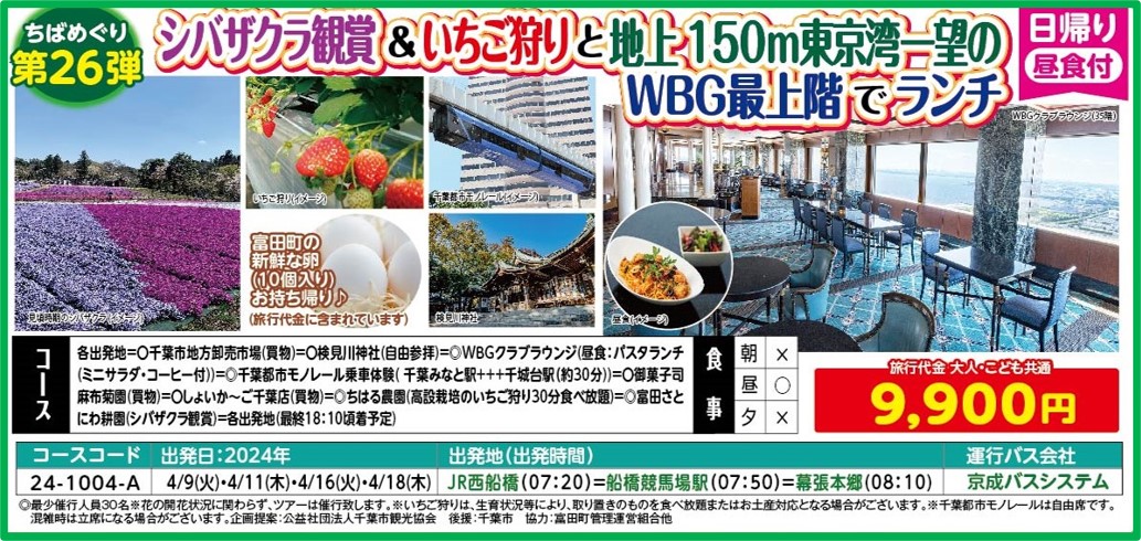 春のちばめぐり シバザクラ観賞＆いちご狩りと地上150ｍ東京湾一望のWBG最上階でランチ